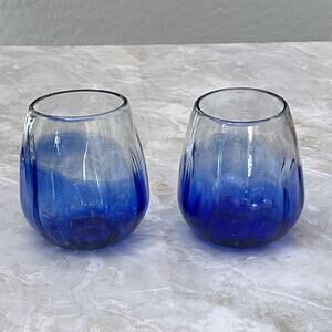 Amici Home Rosa Mexican Stemless Wine Glasses Cobalt Blue Set Of 2 Hand Blown